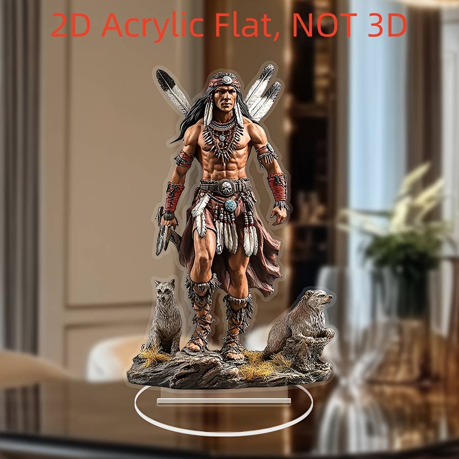 2D Flat Bohemian Style Acrylic Statue Native American Chief Wolf Scene Vintage Desk De