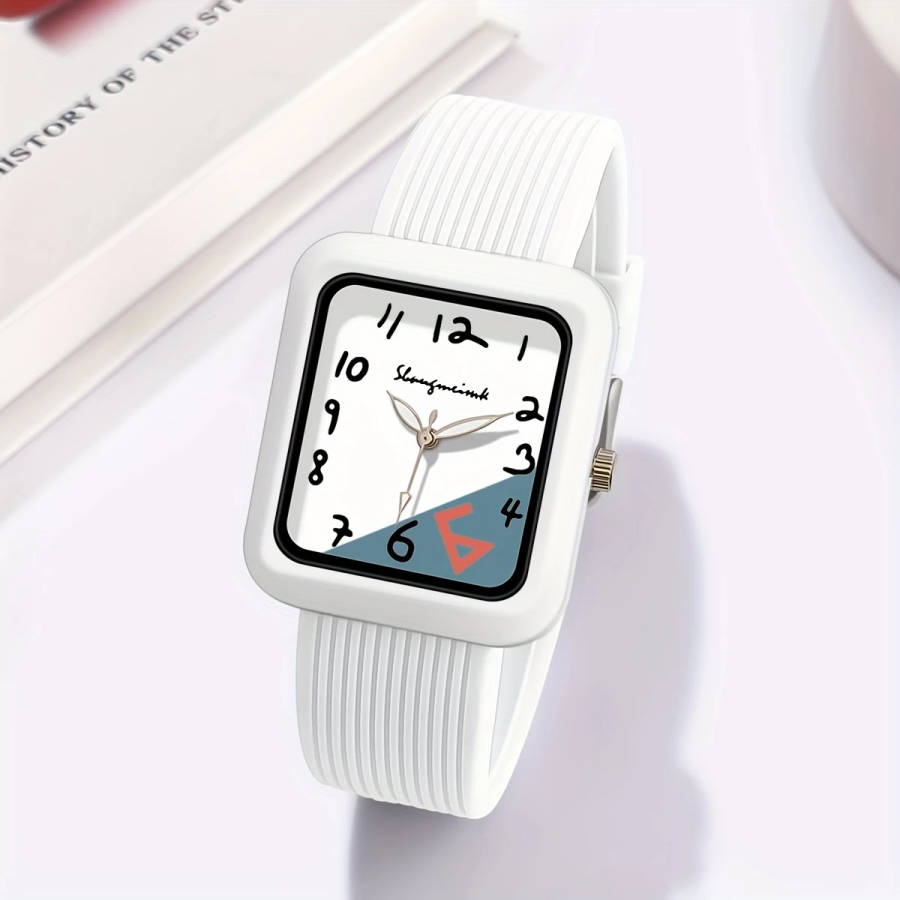 1pc Fashionable Quartz Watch With Striped Silicone Strap Colorblock Dial Rectangular Case Elegant