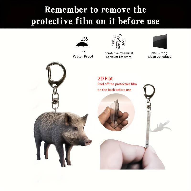 1pc 2D Flat   Cute Wild Boar Acrylic Keychain Waterproof  Design Realistic Fur Texture