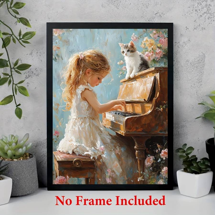 1pc  Oil on Canvas Frameless 30.48X40.64 cm Little Girl Playing The Piano Home Decoration