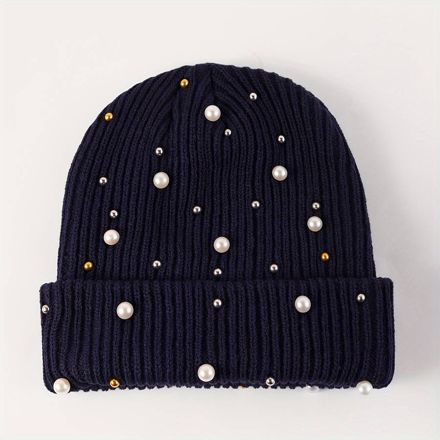 1pc of Women'S Fashion Pearl Decorated Knitted Hat Without Brim Suitable for Autumn And Winter