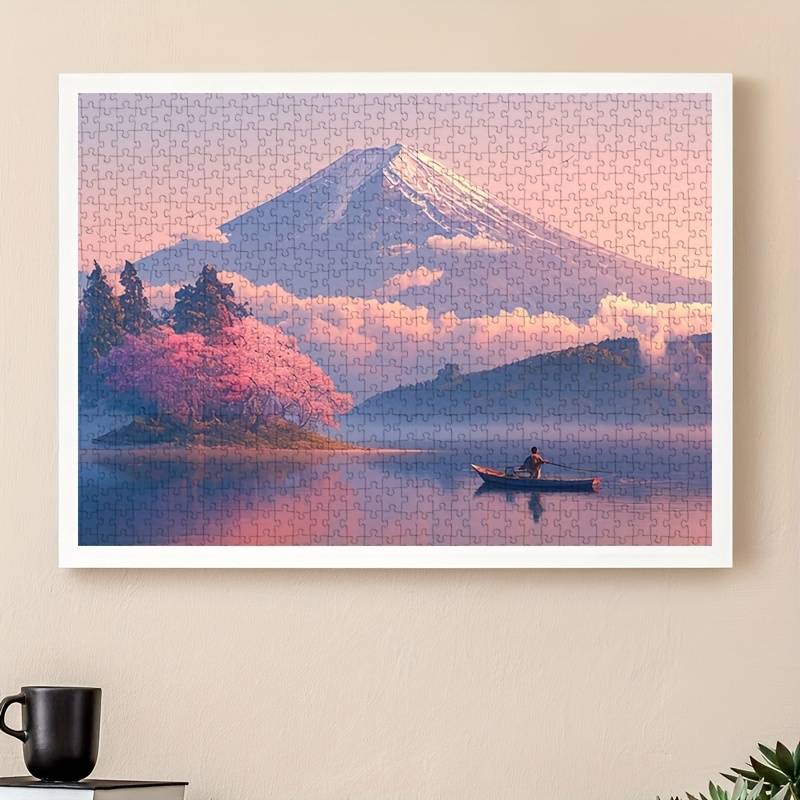 1000pcs Challenging Jigsaw Puzzle for Adults Mountain Lake Scene with Cherry Blosso