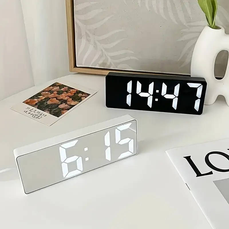 1pc Modern LED Mirror Table Alarm Clock Digital Display with Snooze Function USB Powered Rectangle D
