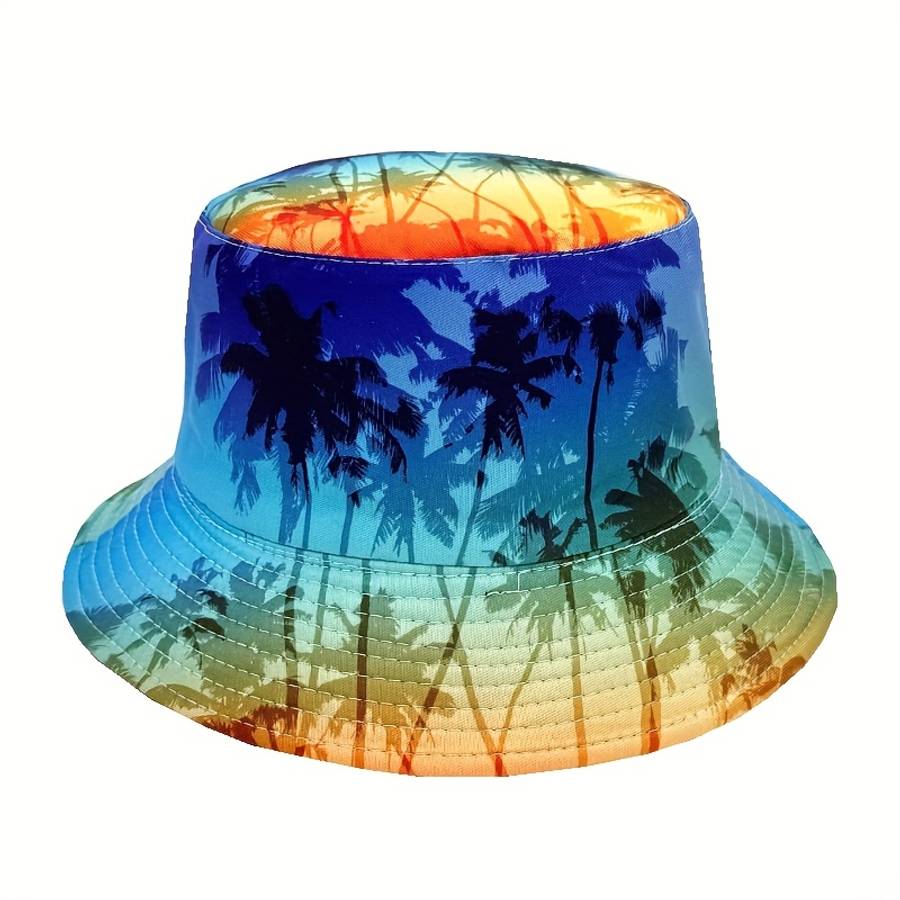 Tropical Sunset Beach Palm Tree Print Reversible Bucket Hat Lightweight Polyester Unisex Fish