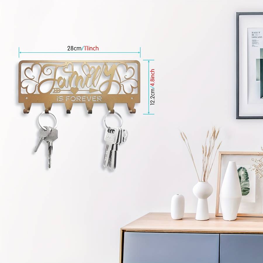 1pc Rustic Black Metal Key Holder with Family is Forever DesignWall Mounted Key Hooks