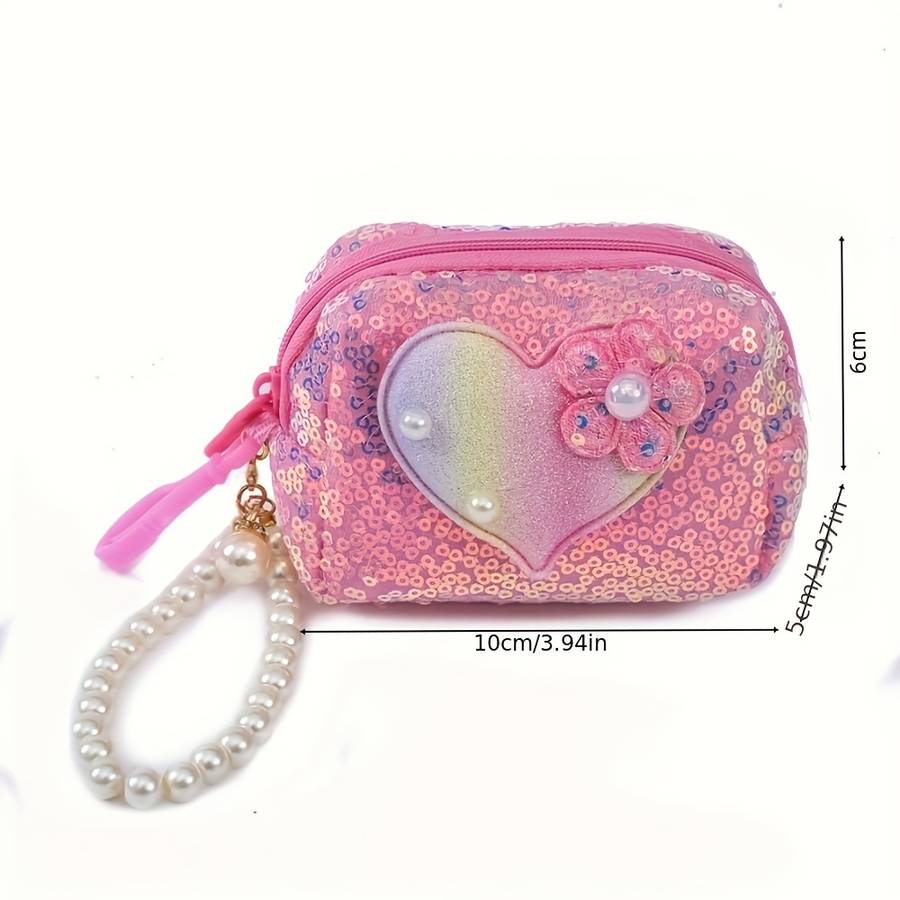 1pc Elegant Heart-Shaped Sequin Coin Purse with Pearl Accent C Vibrant Glitter Design Compact