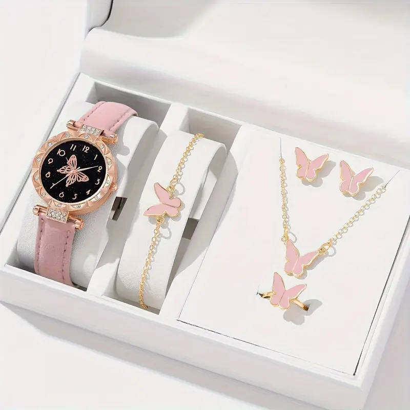 6pc Pink Butterfly Elements Quartz Wrist Watch
