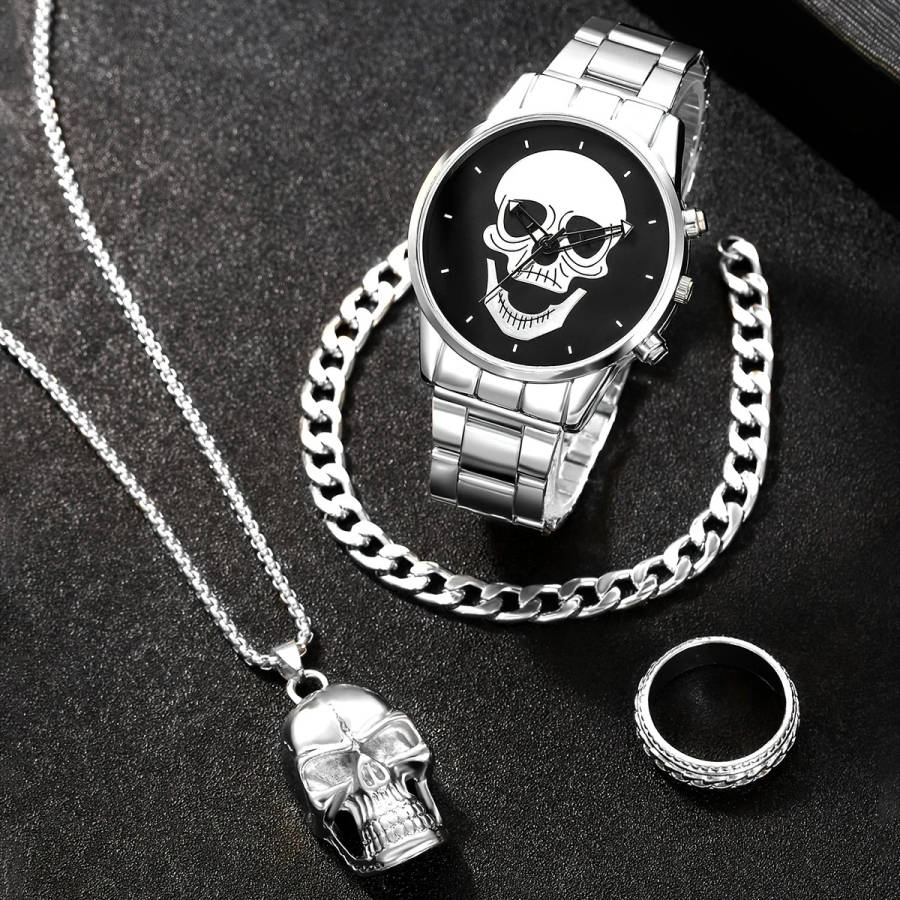 4 Piece Set Men's Watch Fashion Personality Skull Round Disc Quartz Watch