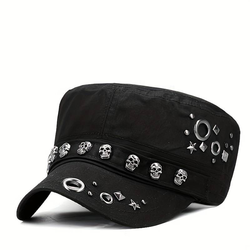1pc Vintage Skull Rivet Flat Top Hat Lightweight Stretchable Cotton Sun Cap for Independence Day