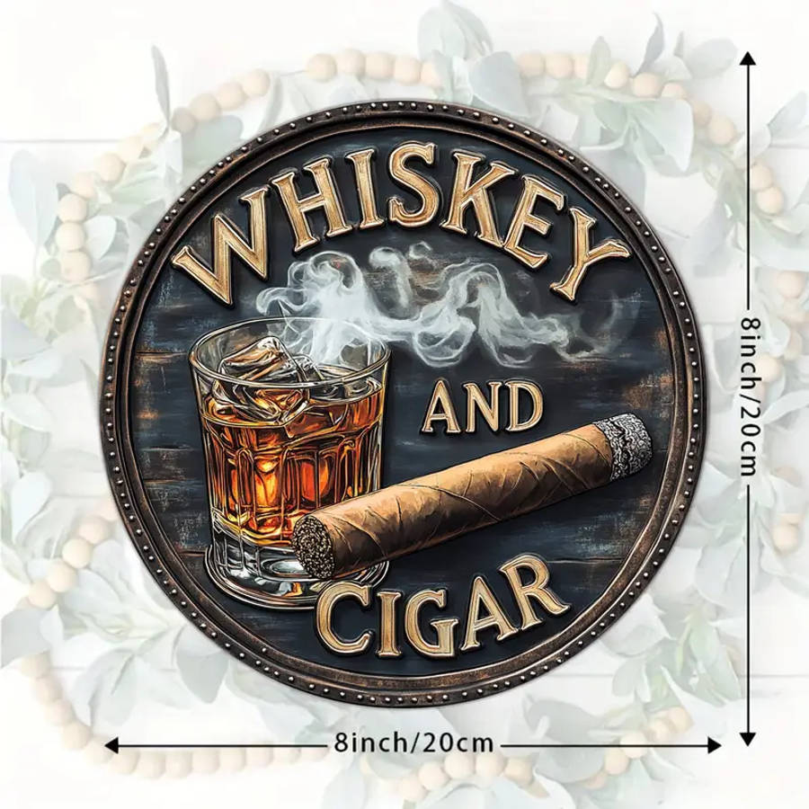 3D Painted Rustic Wooden Round Sign Whiskey And Cigar Artistic Decorative Wall Art Unframed Clas