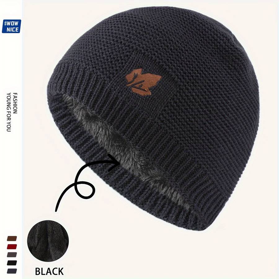 Knit Beanie with Fleece Lining Warm Windproof Acrylic Skull Cap