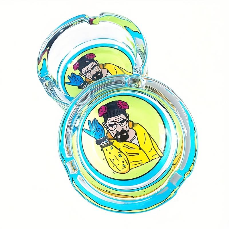 1pc 8.48cm Round Glass Ashtray with Stylish Cartoon Design C Transparent Smoking Accessory for Home