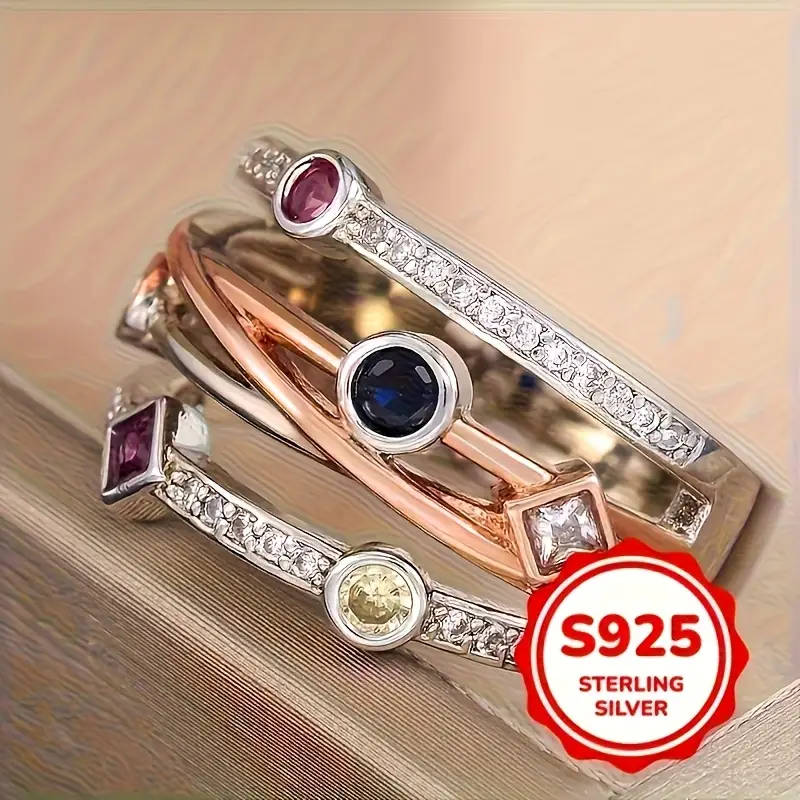 Multi-Layered Two-Tone 925 Sterling Silver Ring with Synthetic Gemstone, Bohemian Style