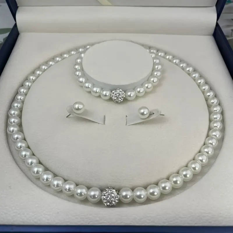 3 Piece White Faux Imitation Pearl Necklace Bracelet Earrings Set Rhinestone Ball