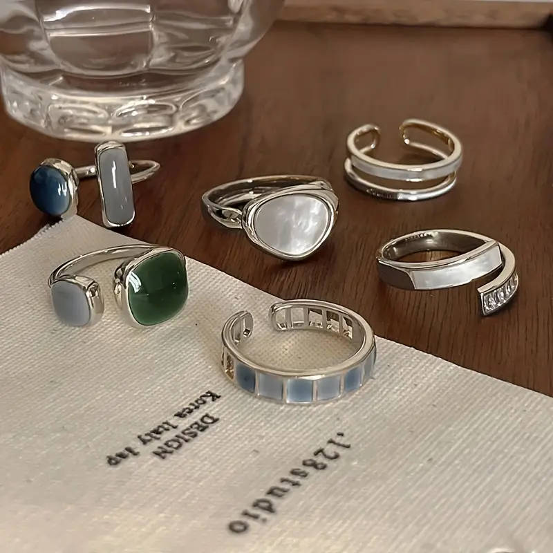 6-Piece Vintage Style Faux Emerald & Enamel Open Ring Set