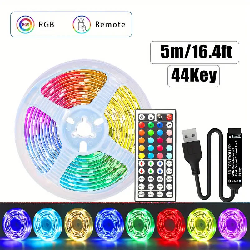 5V USB charging Rgb LED Strip Lights with 44 Keys, USB power supply EASY to INSTALL, 5 METER