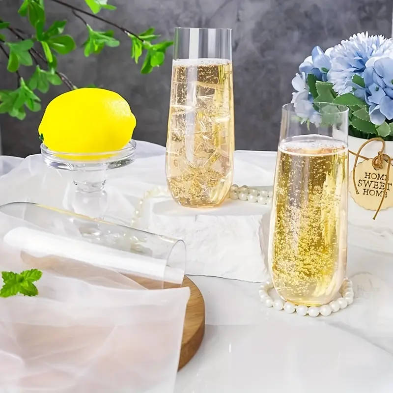 6 Piece Elegant Champagne Flutes - Reusable, Recyclable Plastic, Stemless & Shatterproof Glasses