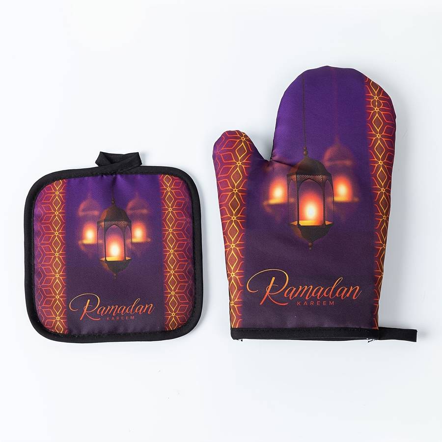 2pcs Ramadan Themed Oven Mitts Set Polyester 100% Heat Resistant Kitchen Baking Gloves and Pot
