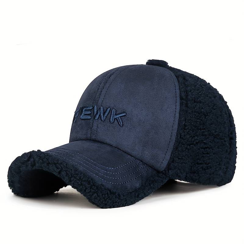 1pc FEWK Embroidered Fleece Baseball Cap Warm Cozy Brown Trucker Hat with Faux Leather Patc