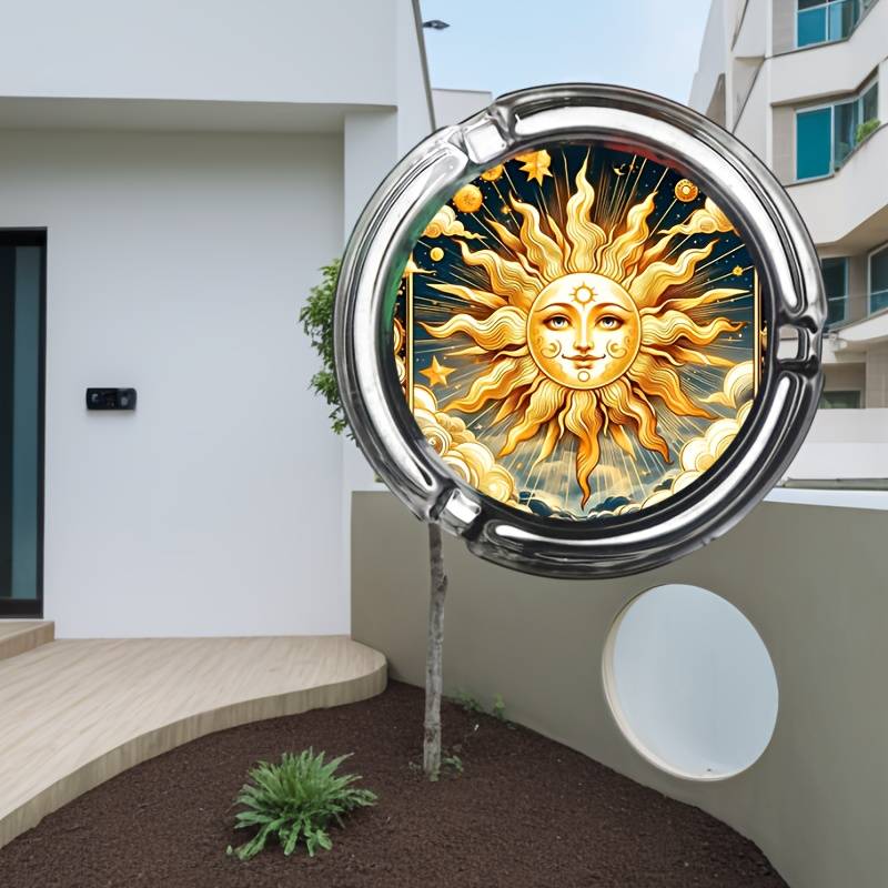 1pc Elegant Sun Moon Design Glass Ashtray Round Stained Glass Artwork with Golden Sun Tranqu