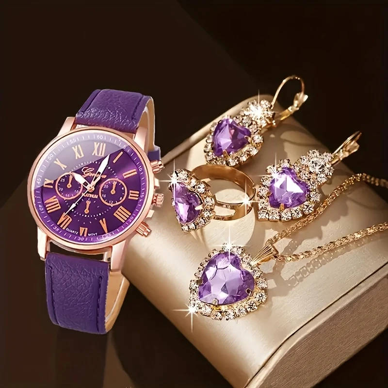 4pcs Set Elegant Women'S Fashion Round Dial Quartz Watch and Jewelry Set Shock-Resistant Analog Disp
