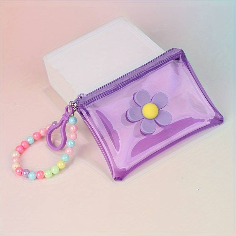 1pc Trendy Transparent PVC Coin Purse with Beaded Chain Compact Key Card Holder Zip Closure E
