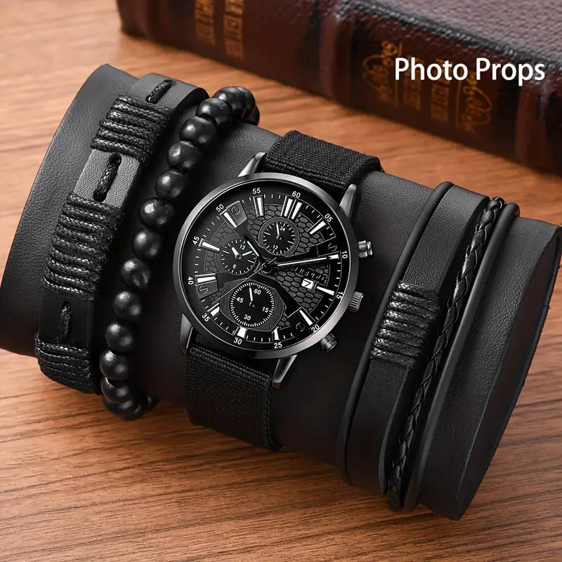 4pcs Quartz Watches Bracelet Watch Set - Dark Black