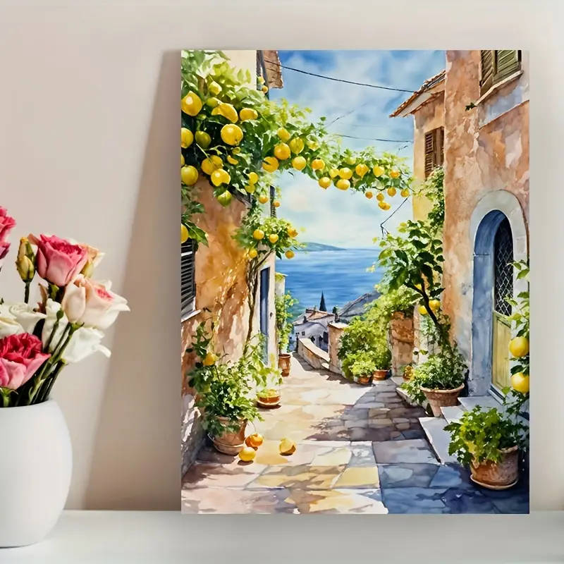 1pc Amalfi Coast Lemon Tree Canvas Art Print Frameless Mediterranean Watercolor Poster Vibrant Coast