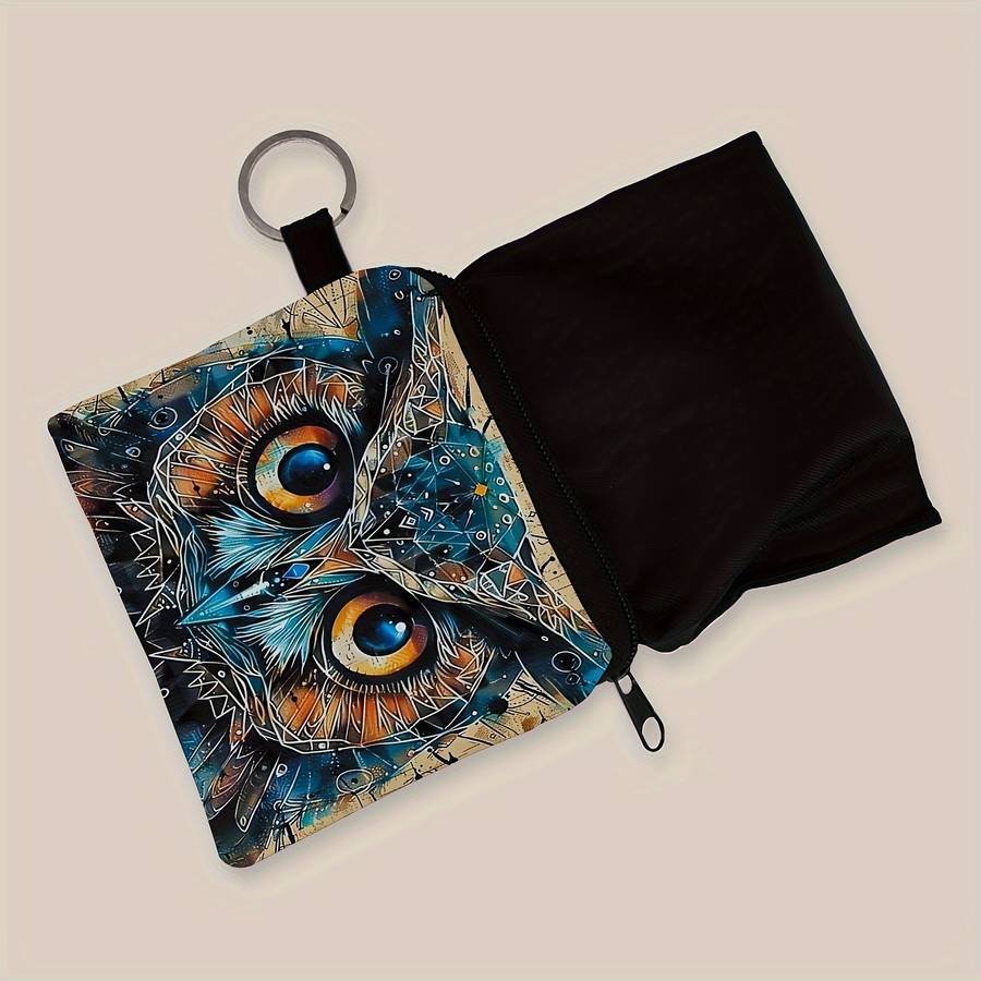 1pc SWEET Owl Print Zipper Pouch Lightweight Multifunctional Small Purse with Keychain Coin