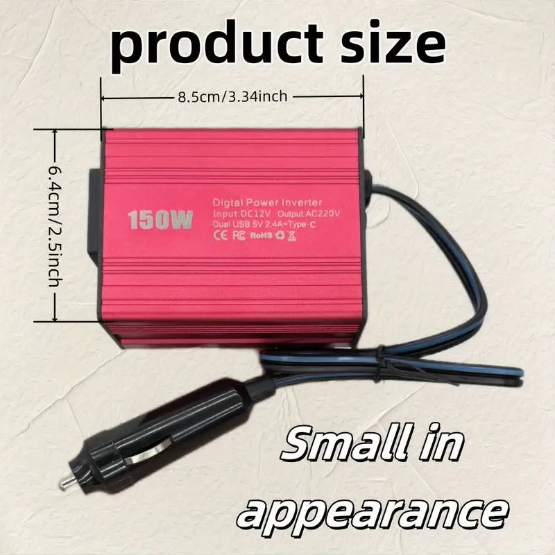 DC12V to AC220V Car Power Inverter with 3.1A Dual USB & Type-C Fast Charging