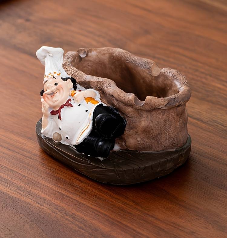 1pc Vintage Chef Ashtray Resin Food-Themed Oval Shape No Power Needed Home Kitchen Deco