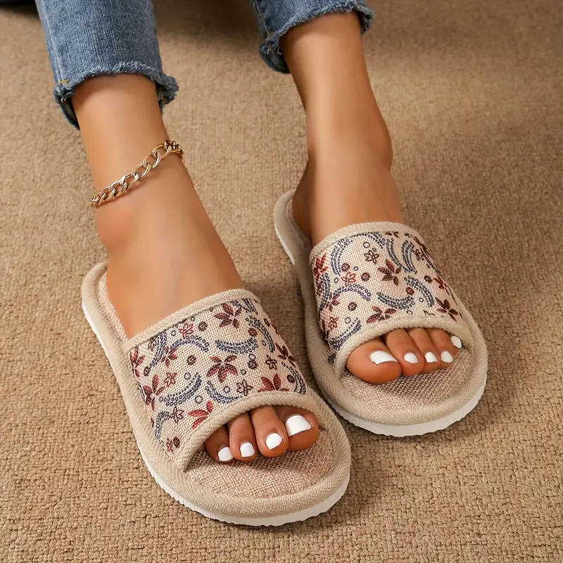 Floral Print Unisex Linen Slippers, Comfy Soft Sole Indoor Floor Shoes, Lightweight & Breathable