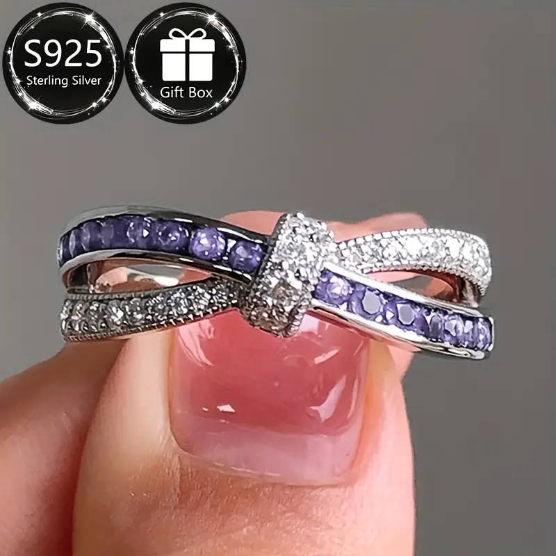 925 Sterling Silver Ring with Sparkling Purple Cubic Zirconia, Boho-Chic Style