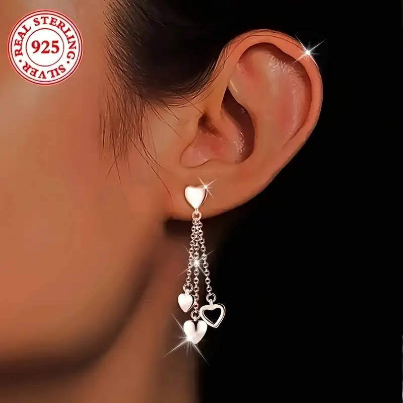 925 Sterling Silver Tassel Heart Pendant Earrings