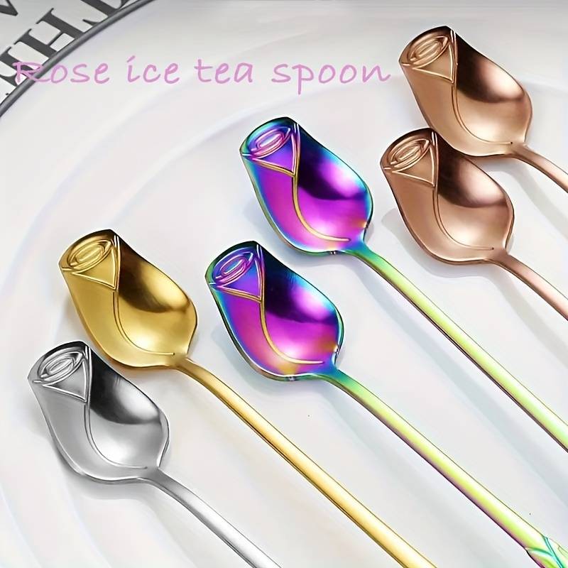 8pcs High-Quality Stainless Steel Rose Flower Spoon Fashionable Design 6.77-inch Long Handle