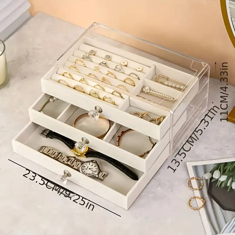1pc 3-Tier Dust-Proof Acrylic Jewelry Organizer Box Elegant Modern Rectangular Tabletop Display Case