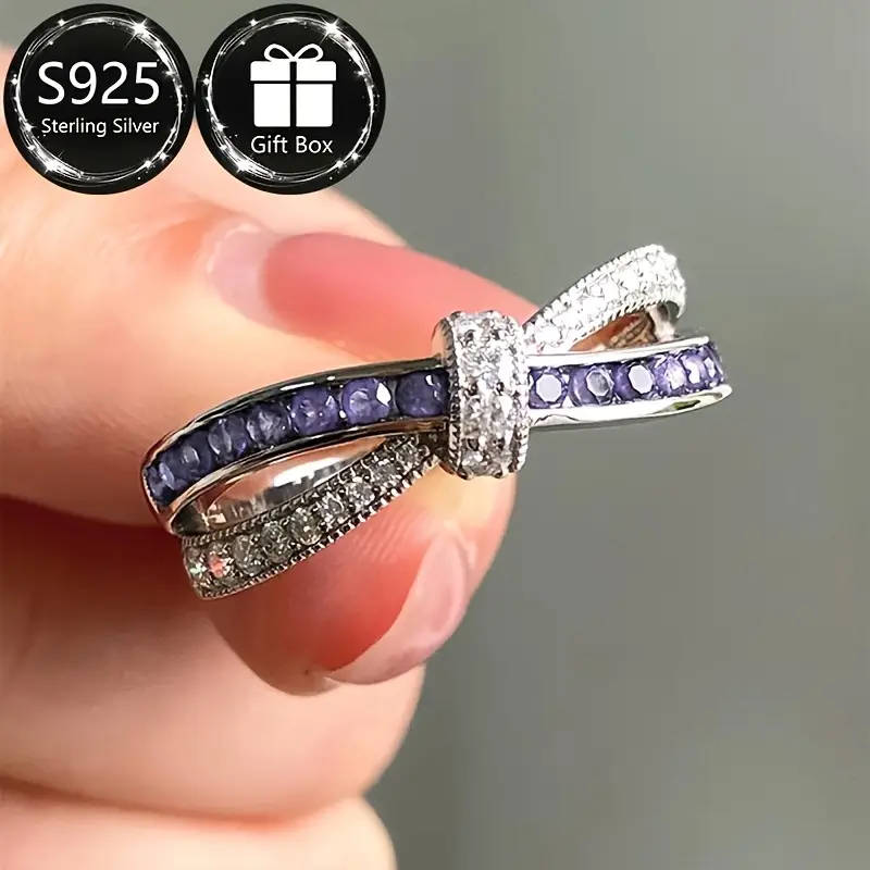 925 Sterling Silver Ring with Sparkling Purple Cubic Zirconia, Boho-Chic Style