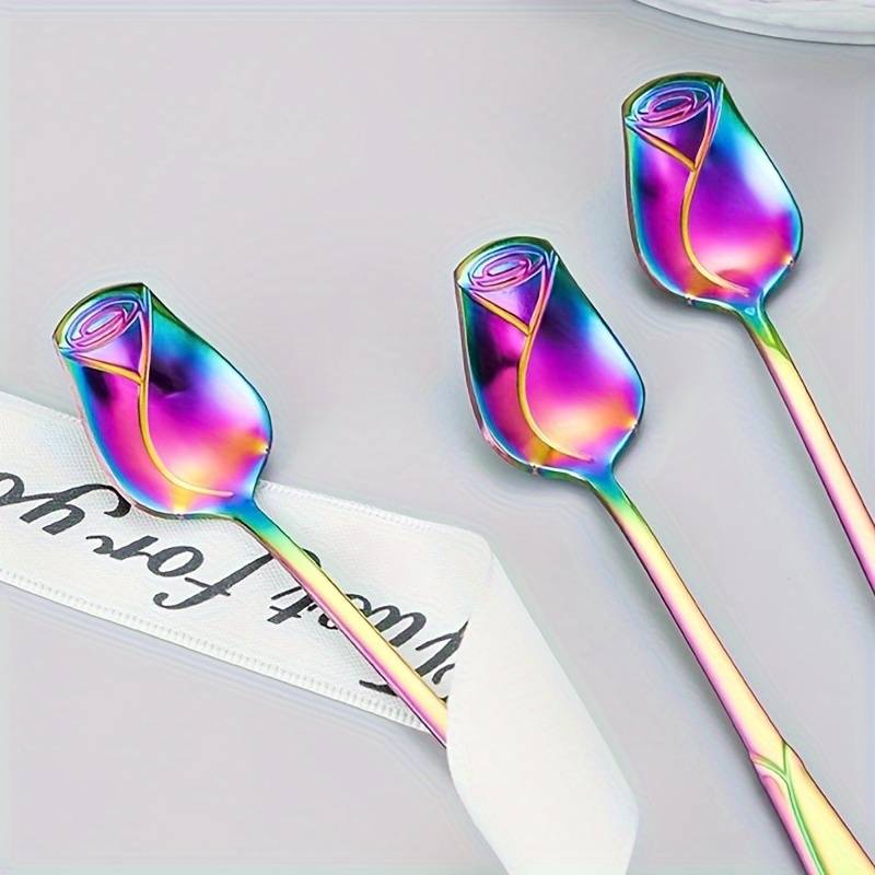 8pcs High-Quality Stainless Steel Rose Flower Spoon Fashionable Design 6.77-inch Long Handle