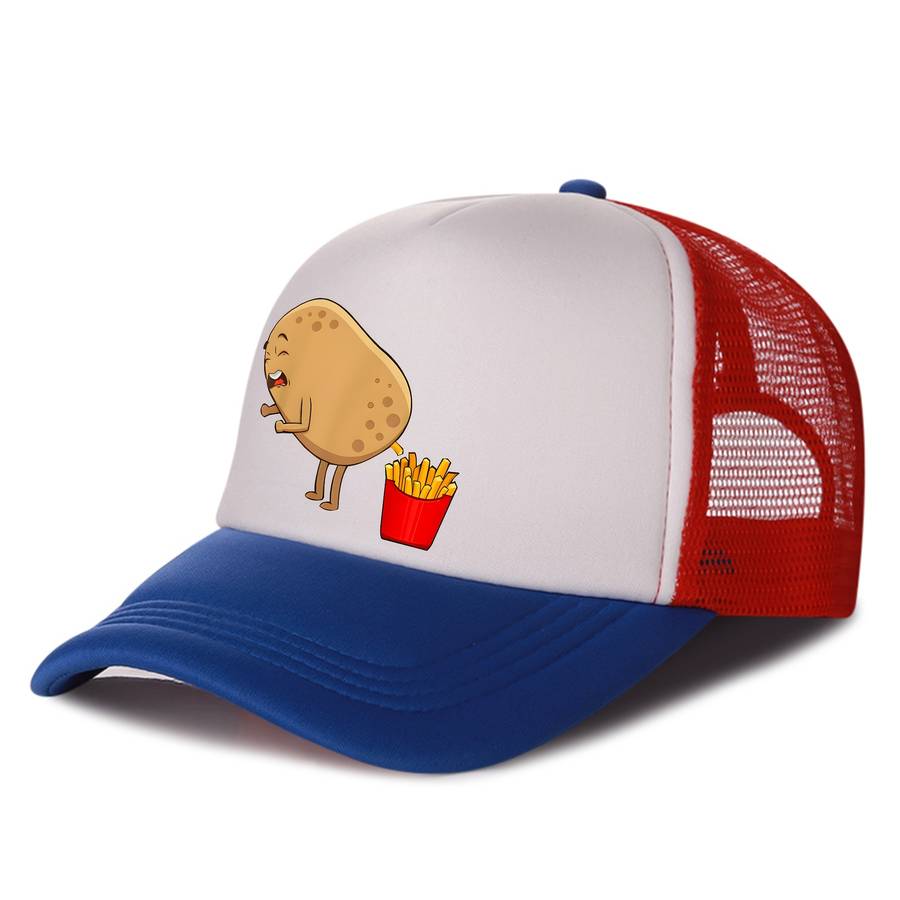 1pc Funky French Fries Cartoon Print Snapback Hat Breathable Polyester Mesh Trucker Cap with Colo