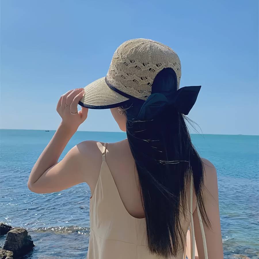 1pc Womens Stylish Summer Straw Sun Hat with Bowknot Breathable Foldable UV Protection Wi