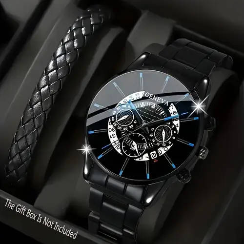 2pcs set Fashionable Men'S Watch Set Shockproof Quartz Wristwatch and Alloy Bracelet Round Case Non-