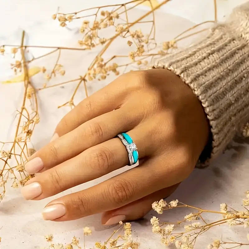 2 Piece Vintage Fashion Ring Set, Blue Imitation Cubic Zirconia