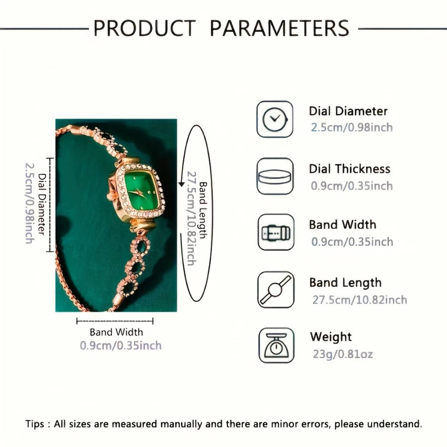 6pcs Set Elegant Women's Quartz Watch and Jewelry Set Luxurious Square Green Dial with Rhinestone Ac