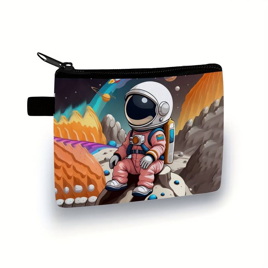 1pc Women's Casual Astronaut Space-Themed Coin Purse Durable Polyester Machine-Washable Zipper