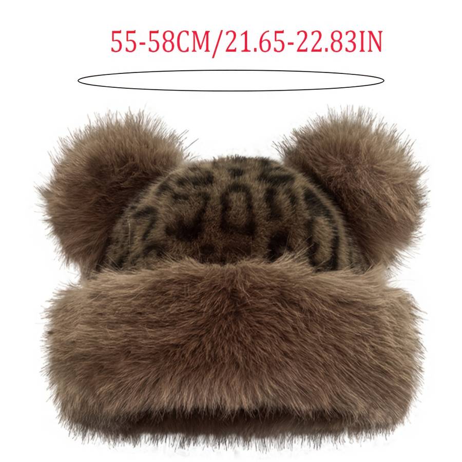 Thick Breathable Faux Fur Leopard Print Beanie With Bear Ears Chic Plush Hat