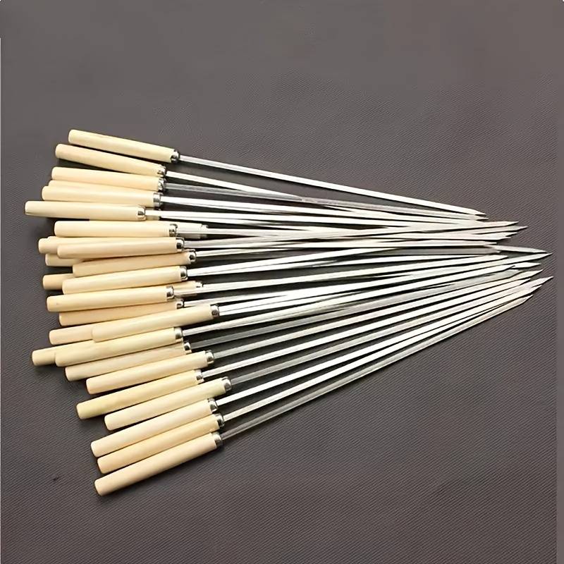 20pcs Stainless Steel Skewers with Ergonomic Wooden Handles Durable Thick Grill Sticks for C