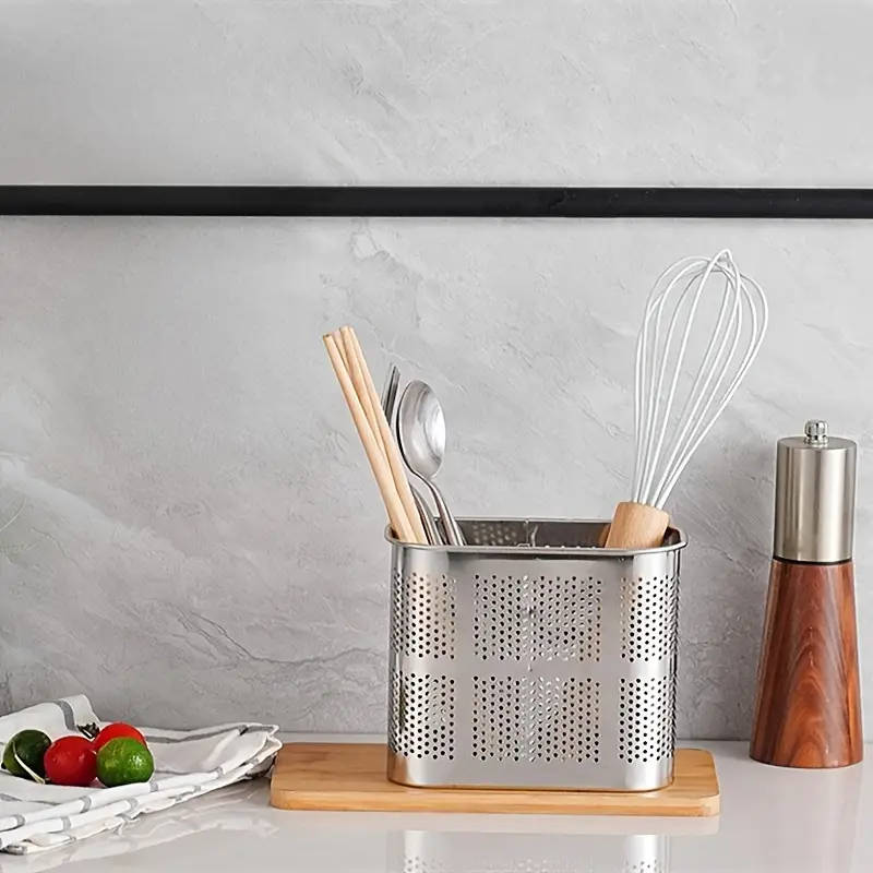 1pc Stainless Steel Chopstick Holder with Drain Rack Dual-Compartment Multi-Functional Storage Organ