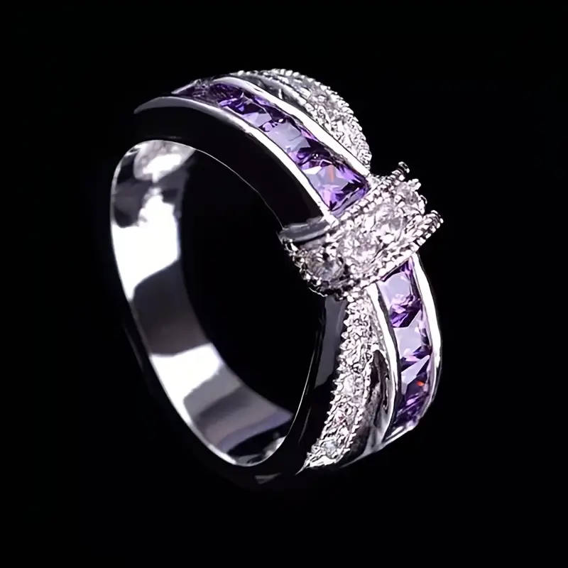 925 Sterling Silver Ring with Sparkling Purple Cubic Zirconia, Boho-Chic Style