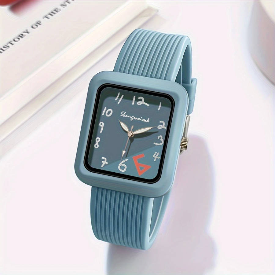 1pc Fashionable Quartz Watch With Striped Silicone Strap Colorblock Dial Rectangular Case Elegant
