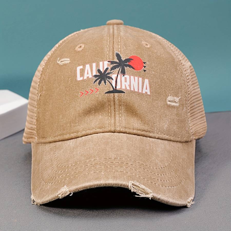 1pc California Beach Sunset Printed Cotton Baseball Cap with Mesh Back and Adjustable Snap Closure